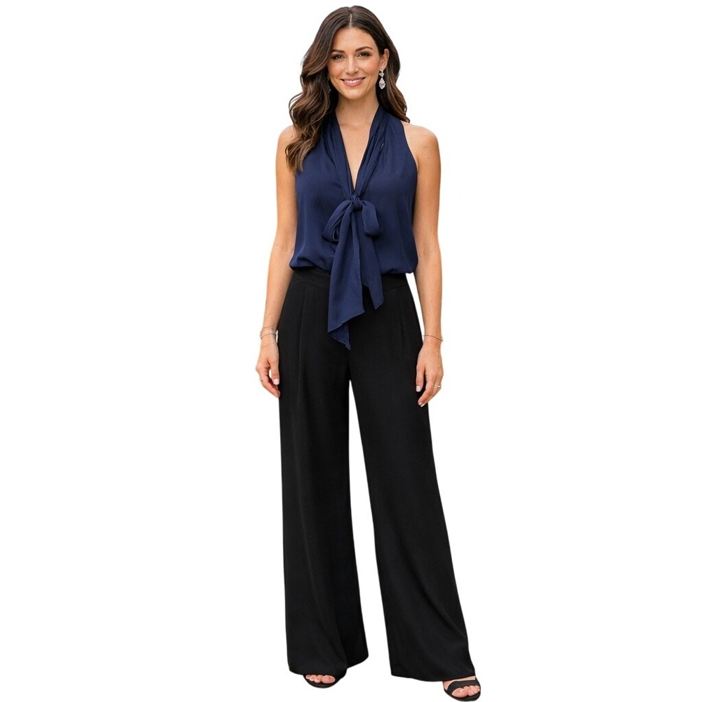 Diane von Furstenberg DVF Halter Jumpsuit Navy‎ Silk Tie Bow Wide Leg Black 4